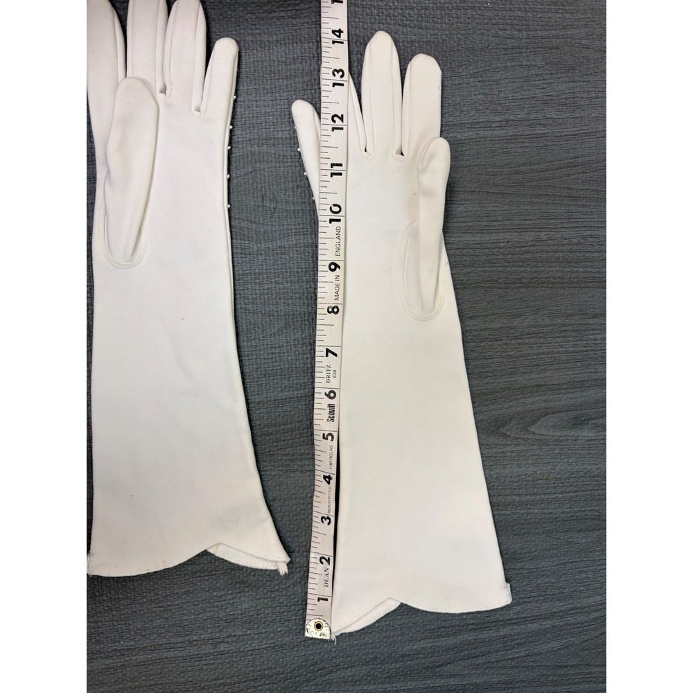 Invicta Opera Gloves 6.5 White Vintage Beaded Cotton Mid Century Formal Wedding - Picture 5 of 13